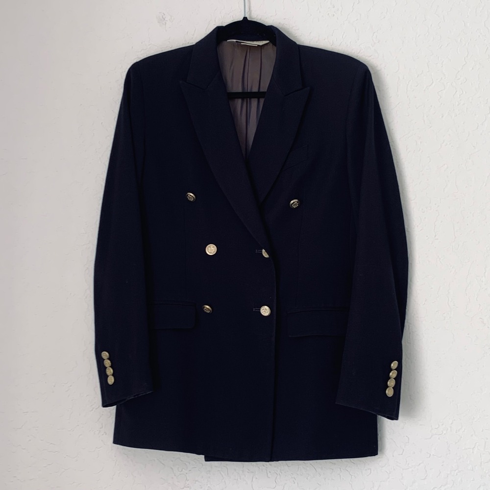 Austin Reed Blazer Womens 4 Navy Blue Wool Cashmere Double Breasted Gold Crest